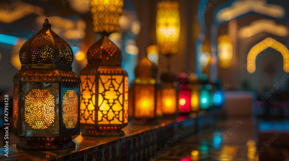 Colorful Moroccan lanterns casting warm light patterns in a traditional interior setting.