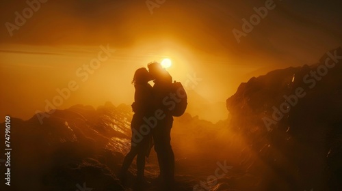 Silhouetted couple sharing a romantic kiss on a rocky beach against a stunning sunset backdrop.