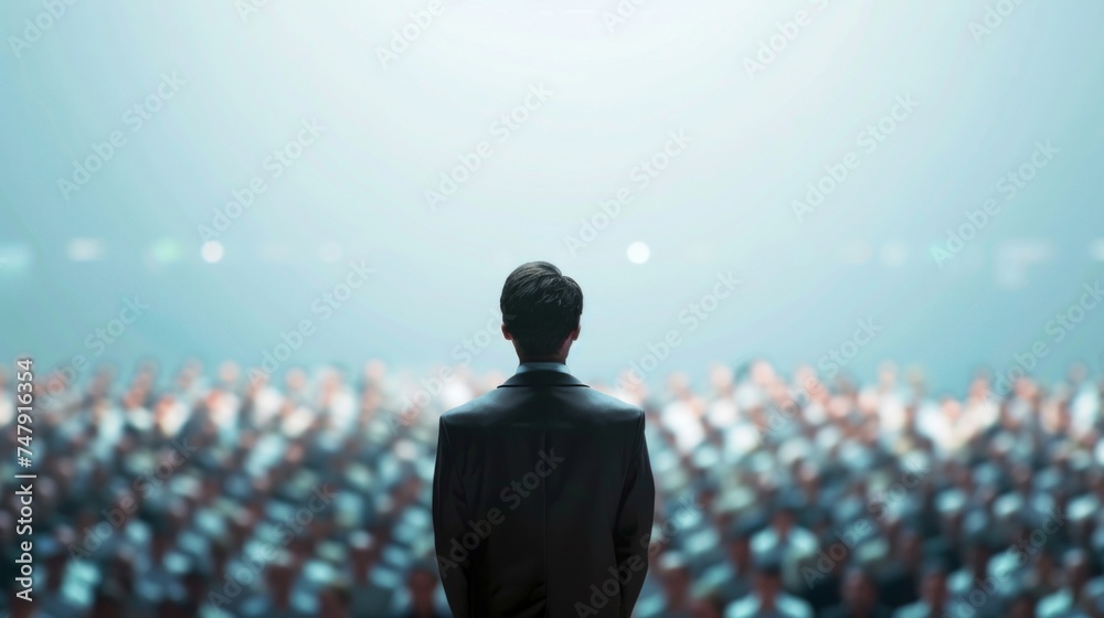 Fototapeta premium Back view of a man standing alone facing a large audience in a dimly lit auditorium, evoking leadership and public speaking.