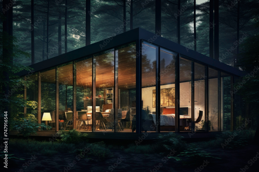 Self-sustainable intelligent house. Autonomous cabin. Futuristic architecture. Nomadic lifestyle. Solar powered building. Modern vacation. Energy efficient house