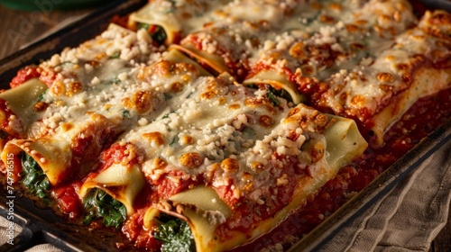 Freshly baked cannelloni filled with a rich spinach mixture, smothered in tomato sauce and melted cheese, ready for a comforting meal.