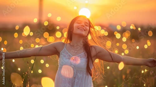 Joyful young girl with arms outstretched, embracing the warm light of a sunset in a bokeh-lit field.