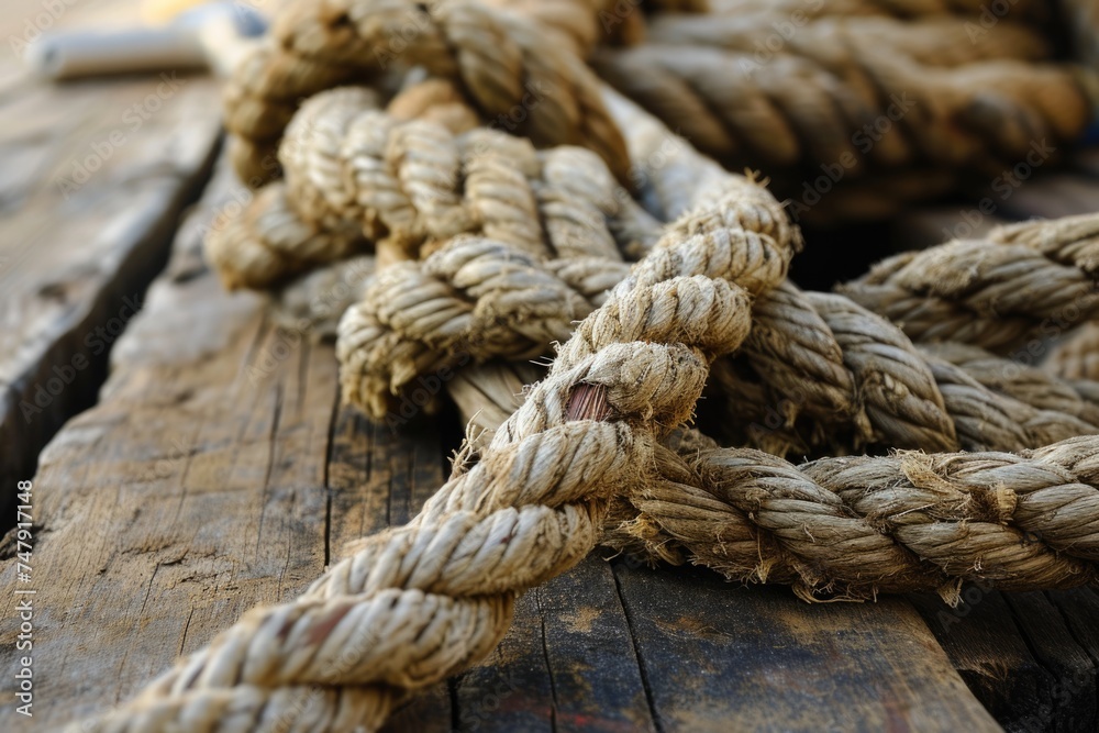Nautical Rope on Weathered Wooden Board Background with Copy Space