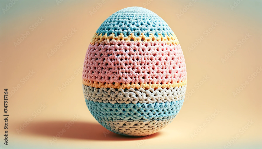 Happy Easter crochet composition. Easter eggs made in crochet and colored wool. Blue background with copy space