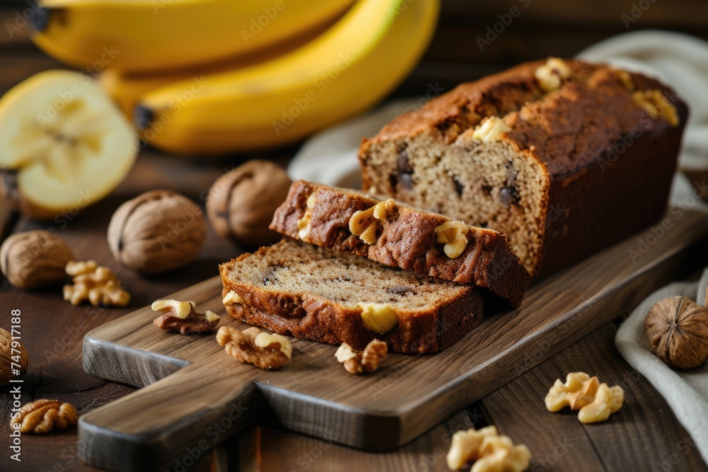 A tempting slice of banana bread on a wooden cutting board