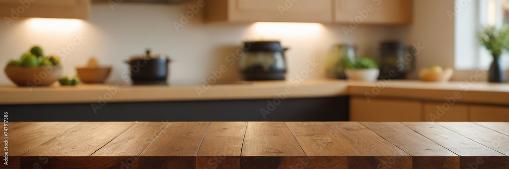 Empty wooden table and blurred kitchen background, product montage display Empty wooden table and blurred kitchen background, product montage display