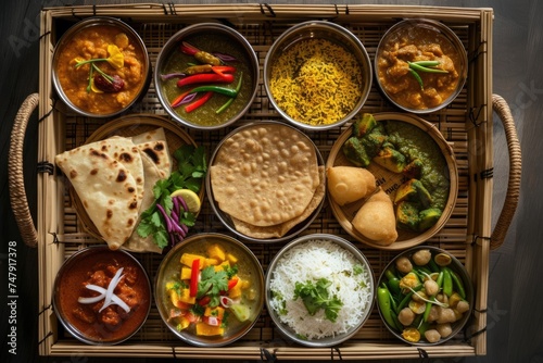 Diverse Foods from Around the World Served on a Bamboo Tray