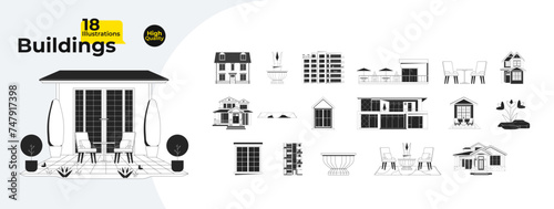 Entrance building backyard decor black and white 2D line cartoon objects bundle. Patio accessories, house windows isolated vector outline items collection. Condo monochromatic flat spot illustrations