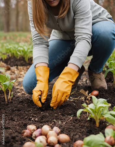 Shot of person with gloves on knees  planting bulbs in autumn