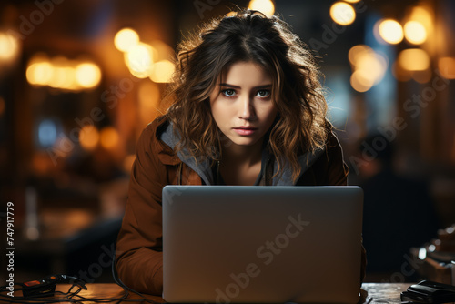 Very stressed business woman and female employee sitting in front of her computer with her hands in front of her eyes, feeling sad and depressed. Too much work - huge pile of paperwork at office table