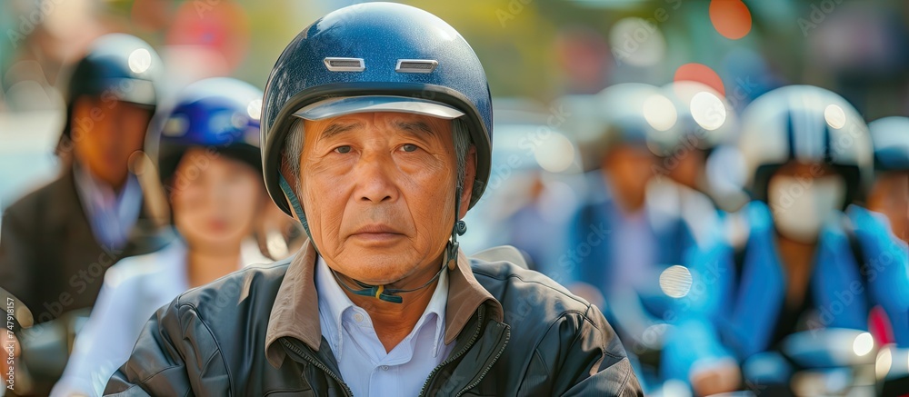 An Asian man wearing a helmet rides a motorcycle down a street alongside other pedestrians during a safety parade. The man stands out as he promotes safety while navigating through the crowd. An Asian man wearing a helmet rides a motorcycle down a street alongside other pedestrians during a safety parade. The man stands out as he promotes safety while navigating through the crowd.