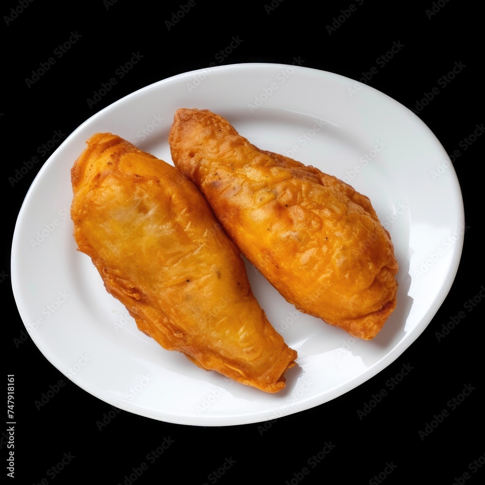 Pair of golden, crispy pastries on a white plate