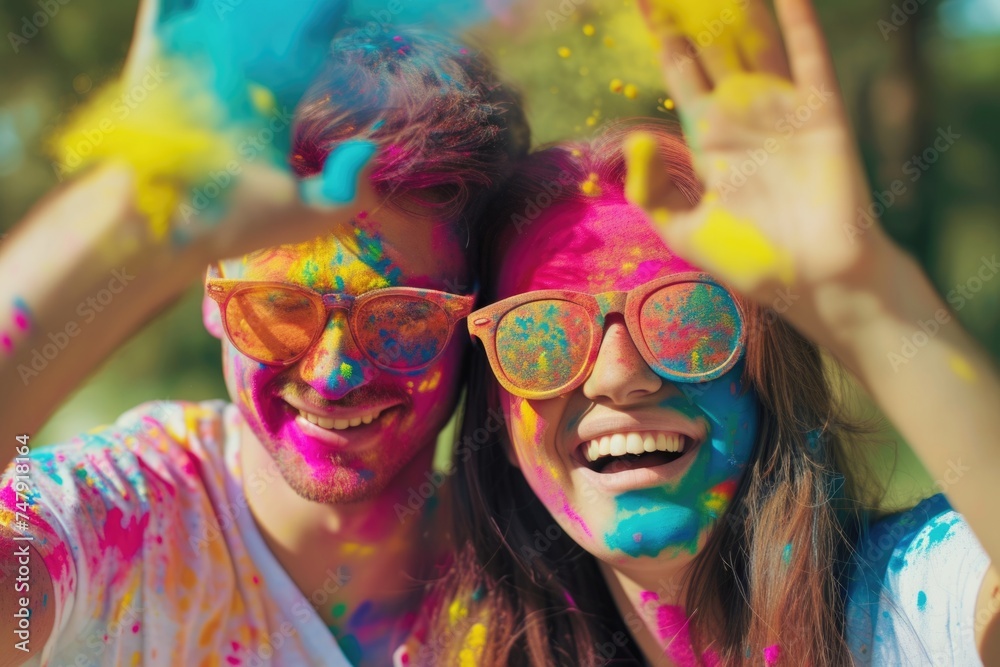 A Happy Couple Playing in the Colorful Paint - Throwing Colored Powder at Each Other. Fictional Character Created By Generated By Generated AI. A Happy Couple Playing in the Colorful Paint - Throwing Colored Powder at Each Other. Fictional Character Created By Generated By Generated AI.