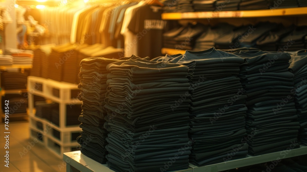 Obraz premium Neatly stacked black T-shirts on display in a retail clothing store with warm lighting.