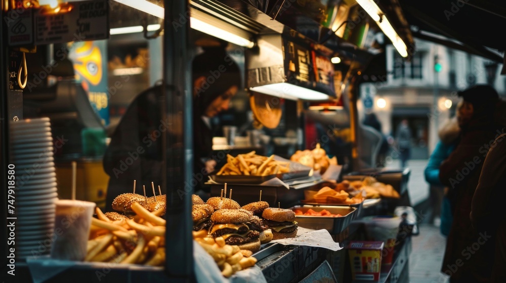 A busy street food vendor serves burgers and fries in an urban setting at dusk.