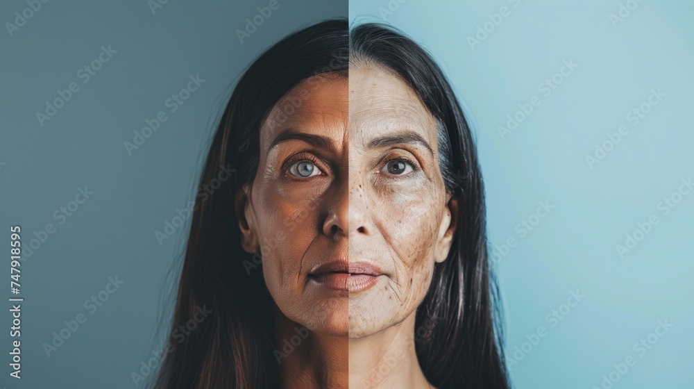 A comparison between a young womans smooth face and an older womans face with visible wrinkles A comparison between a young womans smooth face and an older womans face with visible wrinkles