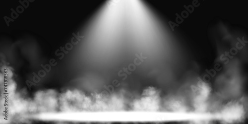 Dark stage on transparent background, white light from spotlight, empty dark stage and studio room with floating smoke. For product demonstrations.