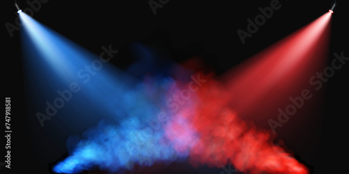 Dark stage on transparent background, neon light from spotlight, empty dark stage and studio room with soaring smoke. For product demonstrations.	