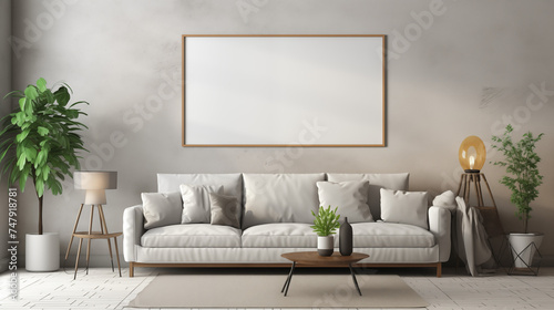 Ramka mockup pozioma, 3d render. Nowoczesny wystrój wnętrza. Szablon z tłem ściany we wnętrzu domu w salonie