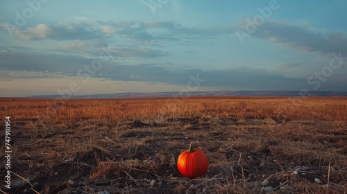 A single pumpkin stands out against the vastness of a barren field, under the expansive sky at dusk.