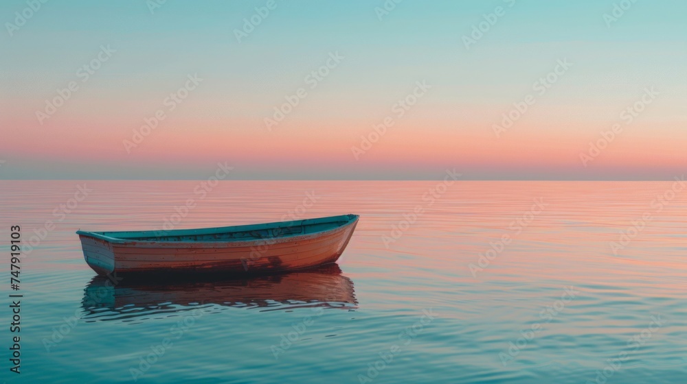 A single boat floats on mirror-like water under a pastel sunset sky, evoking peace and solitude.