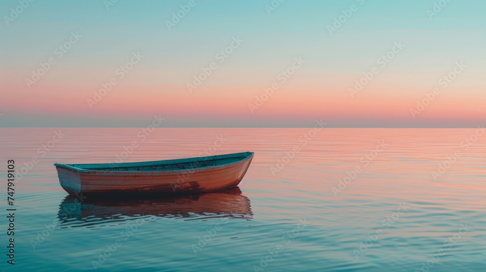 A single boat floats on mirror-like water under a pastel sunset sky, evoking peace and solitude. A single boat floats on mirror-like water under a pastel sunset sky, evoking peace and solitude.