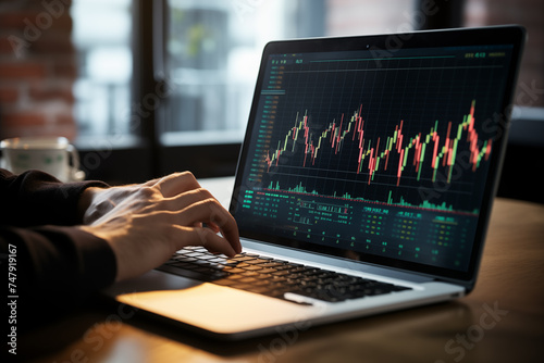 Businessman trader investor analyst using laptop analytics for financial market analysis. photo
