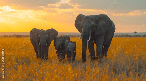 family of elephants in a serene savannah