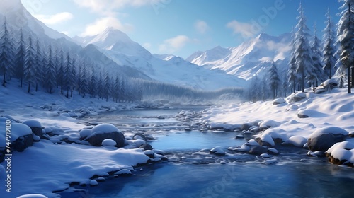 A network of  ice bridges crosses a frozen river, connecting the snow-covered banks and offering a magical path through the winter landscape, creating an enchanting and otherworldly journey in the sno © Imagination Ink