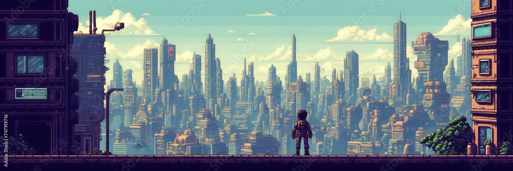 Retro pixel art scene depicting an 8-bit video game character exploring ...