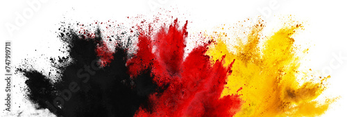 colorful german flag black red gold yellow color holi paint powder explosion isolated white background. germany europe celebration soccer travel tourism concept. photo