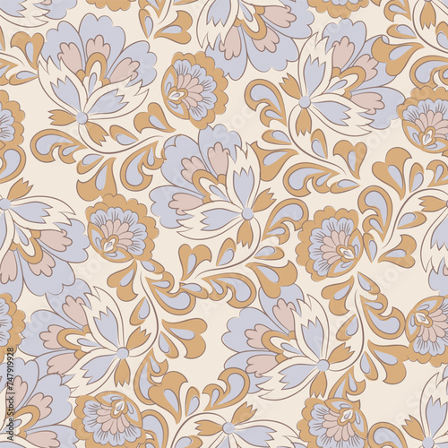 elegance seamless pattern with ethnic flowers and leaf  vector floral illustration in vintage style