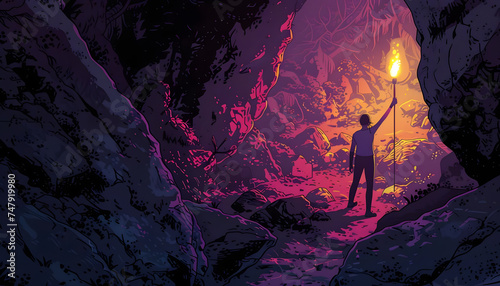 A digital illustration of a female adventurer exploring a mysterious cave holding a torch aloft as Generative AI