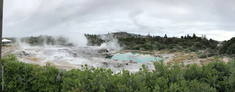 Scenic view of geysers erupting in New Zealand