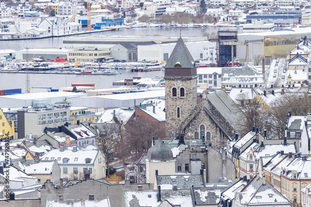 The Jugend city Aalesund (Ålesund) harbor on a beautiful cold winter's day. Møre and Romsdal county	 - Old church