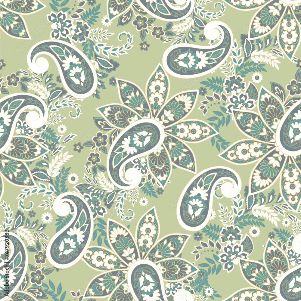 Paisley seamless vector pattern with flowers in Indian style.