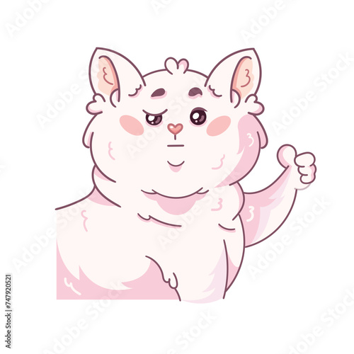 A cute white fluffy cat shows a thumbs up gesture. A cartoon character of a pet. Vector illustration isolated on a white background