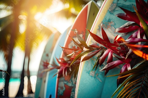 surfboard on tropical beach in summer © krissikunterbunt