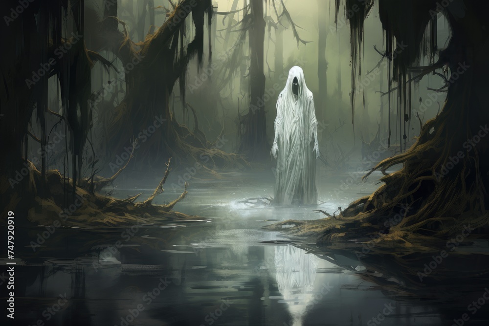 Giant ghost in the swamp of the black slime - obrazy, fototapety, plakaty 