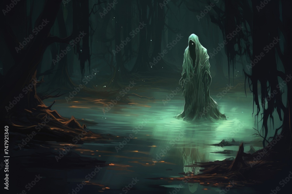 Giant ghost in the swamp of the black slime - obrazy, fototapety, plakaty 
