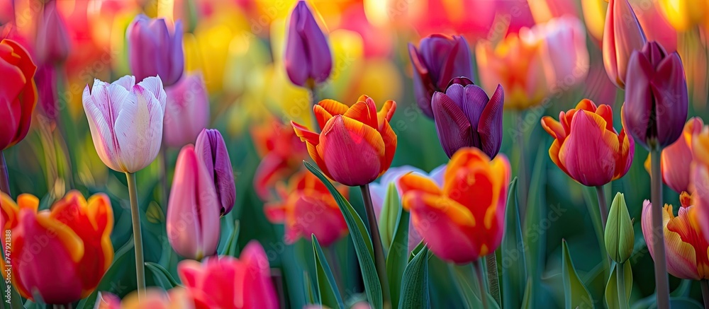 A field filled with a variety of colorful tulips, including shades of red, yellow, pink, and purple, stretching towards the horizon under a clear blue sky background. A field filled with a variety of colorful tulips, including shades of red, yellow, pink, and purple, stretching towards the horizon under a clear blue sky background.
