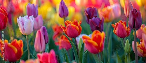 A field filled with a variety of colorful tulips, including shades of red, yellow, pink, and purple, stretching towards the horizon under a clear blue sky background.