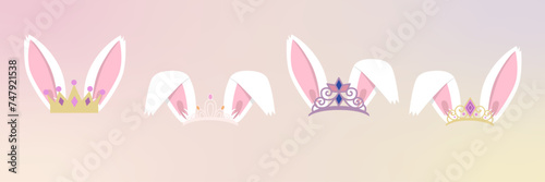 Bunny face elements set cartoon flat design ears vector illustration isolated. Rabbit mask filter with golden crown. Vector illustration