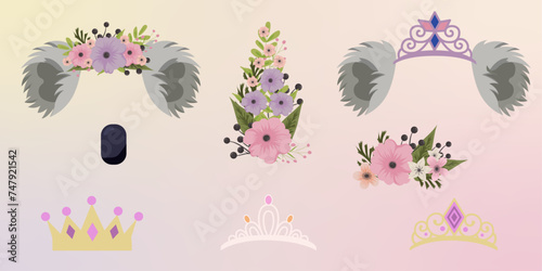 Koala face elements set cartoon flat design ears and noses vector illustration isolated on white background. Koala mask filter with flower crown. Vector illustration