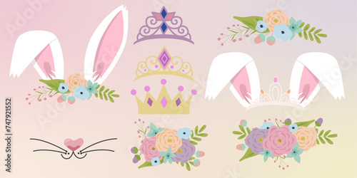 Rabbit face elements set cartoon flat design ears and noses vector illustration isolated on white background. Bunny ears mask filter with flower crown. Vector illustration