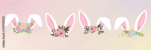 Bunny face elements set cartoon flat design ears vector illustration isolated. Rabbit mask filter with flower crown. Vector illustration