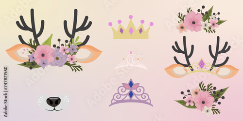 Deer face elements set cartoon flat design ears and noses vector illustration isolated on white background. Reindeer mask filter with flower crown. Vector illustration