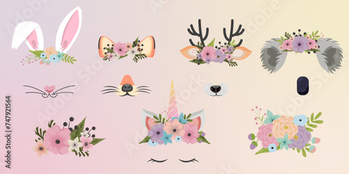 Animal face elements set cartoon flat design ears vector illustration isolated. Rabbit, fox, koala, unicorn deer mask filter with flower crown. Vector illustration