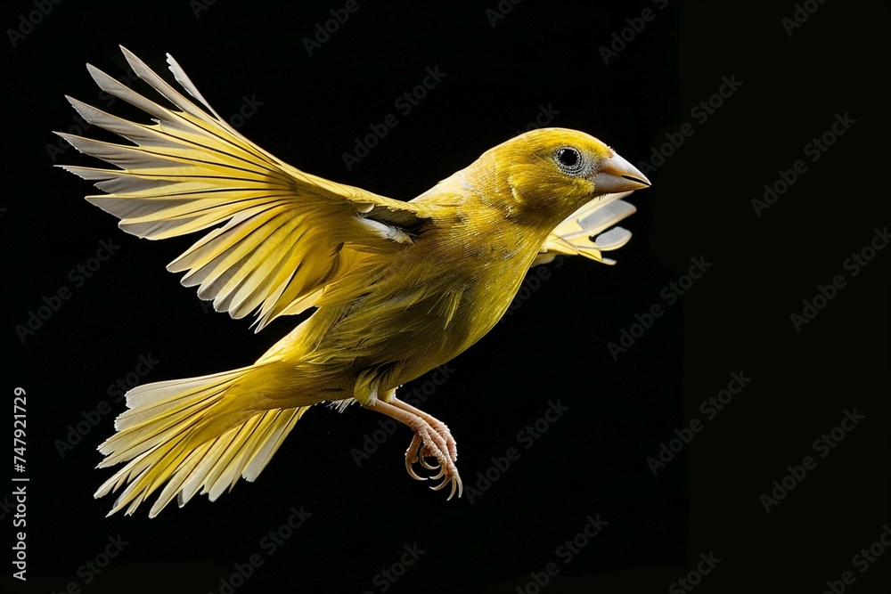Yellow Canary serinus canaria Adult in fli - obrazy, fototapety, plakaty 