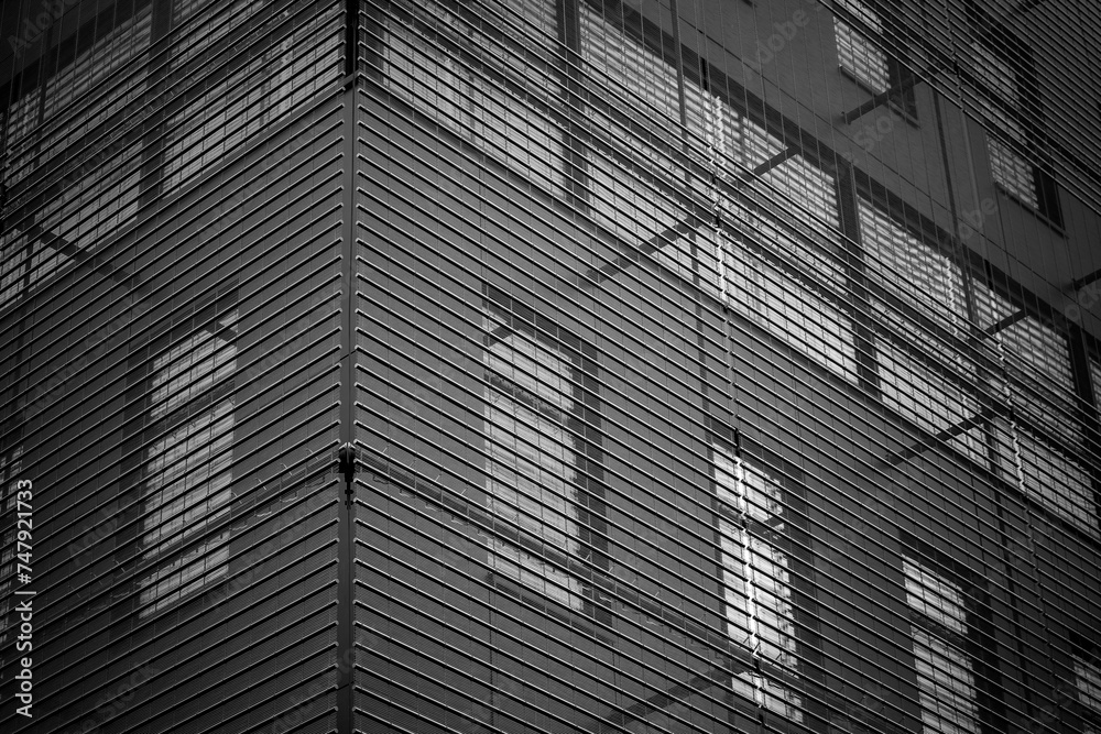 modern house facade in a city in black and white
